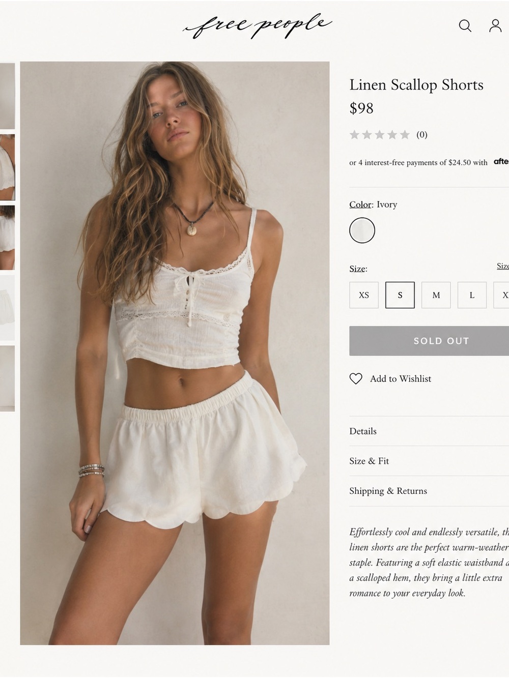 Free People Ivory Linen Scallop Hem Lounge Shorts